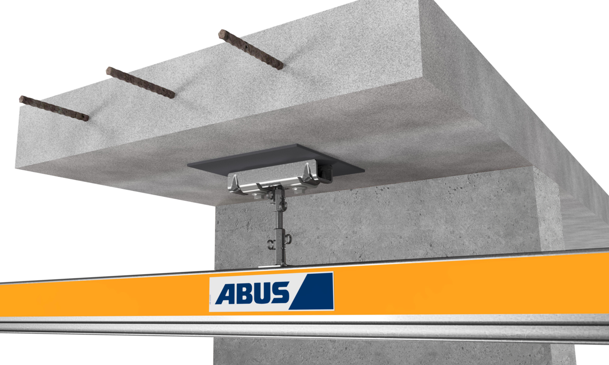 Befestigungssystem eines ABUS Krans an einer Betondecke mit eingegossenen Ankern und Aufhängung für Krananlagen.