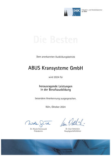 Urkunde von ABUS Kransysteme GmbH für herausragende Leistungen in der Berufsausbildung