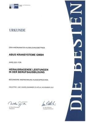 Urkunde von ABUS Kransysteme GmbH für herausragende Leistungen in der Berufsausbildung